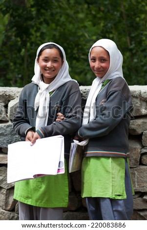 TURTUK, INDIA - JUNE 13: Balti students (Aishe, 15, Zuhra, 15) during break time on June13, 2012 in Turtuk Village, Ladakh, India.