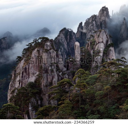 Huangshan mountain view from Cooling Terrace, Anhui, China. Of all the notable mountains in China, it is probably the most famous to be found in the south of Anhui province.