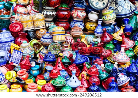 Plates, pots and tajines made of clay in the souk of Chefchaouen, Morocco