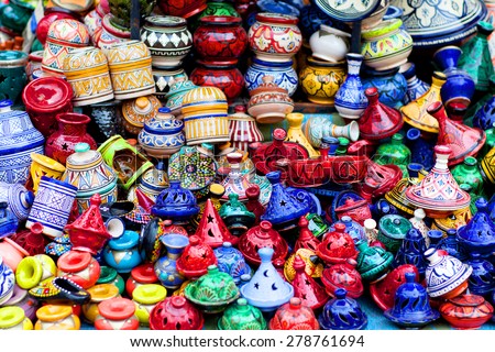 Plates, tajines and pots made of clay on the souk in Chefchaouen, Marocco