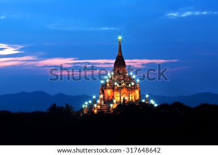 Ancient Gawdawpalin pagoda at twilight in Bagan archaeological zone, Myanmar. Bagan\'s prosperous economy built over 10000 temples between the 11th and 13th centuries.
