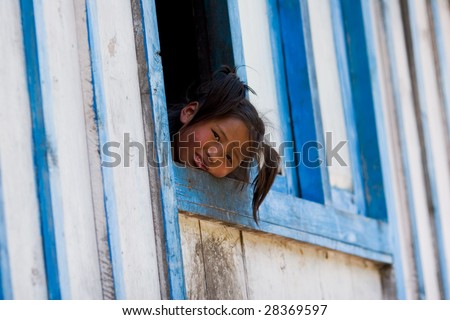 ANNAPURNA CIRCUIT, NEPAL - APRIL 20: A little tibetian girl from the village of tibetan refugees in the Himalayas, Nepal on 20 April 2008.