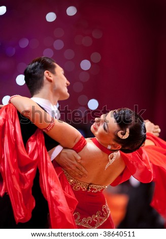 MOSCOW, RUSSIA - OCTOBER 04: An unidentified dance couple in a dance pose during World Dance Cup PRO-AM, Russian Championships \