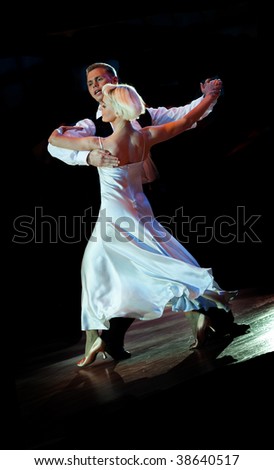 MOSCOW, RUSSIA - OCTOBER 04: An unidentified dance couple in a dance pose during World Dance Cup PRO-AM, Russian Championships \