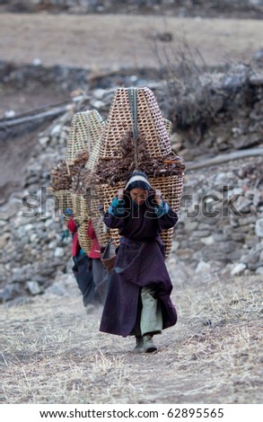 MANASLU AREA, NEPAL - NOVEMBER 28: Several Tibetan women in national clothes with baskets on the road on November 28, 2009 in Gorkha District, Nepal.
