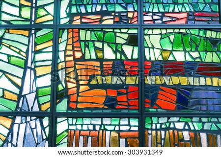 Image of a multicolored stained glass window and public area no need of property release