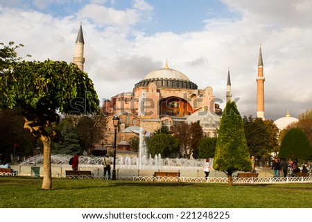 ISTANBUL, TURKEY - SEPTEMBER 23: Sunset over Hagia Sophia former Greek Orthodox patriarchal basilica (church), later an imperial mosque, and now a museum on September 23, 2014 in Istanbul, Turkey