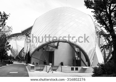 PARIS - AUGUST 29: Black and white image of the Foundation Louis Vuitton, designed by architect Frank Gehry and built in 2004 in Paris, France on 29 August 2015