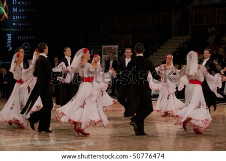 BUCHAREST - MARCH 14: Sport dance ensemble Codreanca, Chisinau of Moldova at IDSF Dance Masters, March 14, 2010, Bucharest, Romania