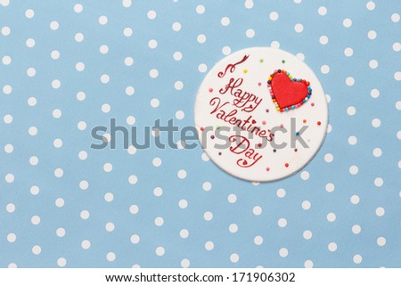 Valentine\'s day love message, handmade, isolated on blue with white dots background (polka dot)