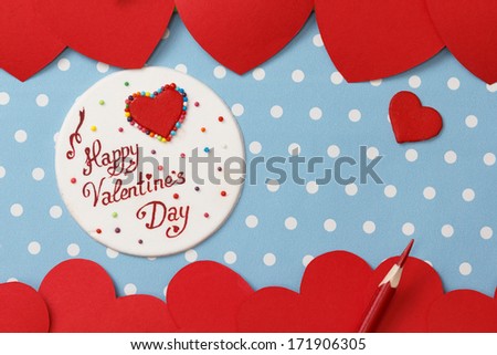 Valentine's day love message, handmade, isolated on blue with white dots background (polka dot)
