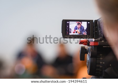 DONETSK, UKRAINE - MAY 12: Press on Denis Pushilin appealing to Moscow during press conference in Donetsk Regional State Administration Building, on may 12, 2014 in Donetsk.