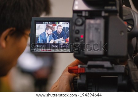 DONETSK, UKRAINE - MAY 12: Press on Denis Pushilin appealing to Moscow during press conference in Donetsk Regional State Administration Building, on may 12, 2014 in Donetsk.