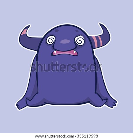 Vector emotion sticker with hypnotized monster on purple background. Cute hypnotized creature.