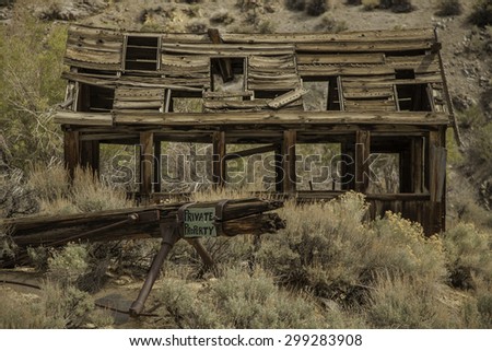 Falling down old shack with private property sign in Nevada desert.