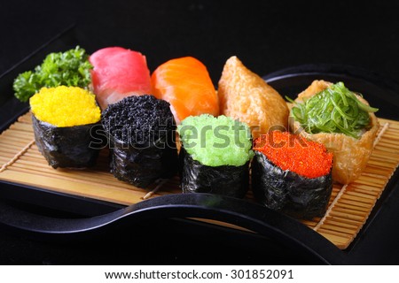Colorful Sushi and Sushi rolls. Makuro (Tuna) sushi, Salmon sushi, Tofu sushi and more