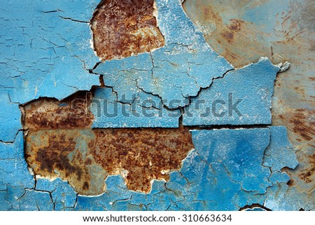 Peeling paint old car door and rusty texture background.
