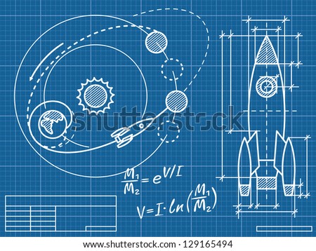 blueprint of the spaceship and its flight path - raster version of vector file