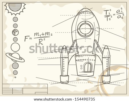 blueprint with spaceship and planets  - raster copy of vector file