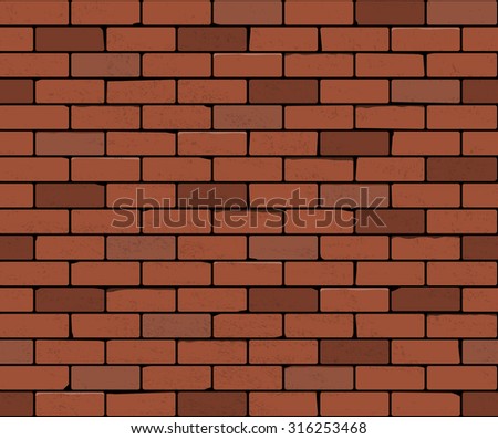 Red brick wall seamless Vector illustration background. Realistic texture of bricks with scuffed