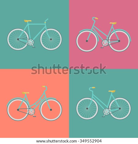 Vector flat modern urban, town and city bicycles set. Stylish minimalistic flat vintage bicycle illustration. Retro Illustration Bicycle.