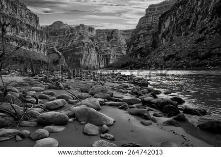 Black and white view of the Grand Canyon from the Colorado River.