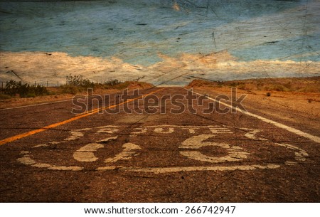 A vintage rendition of Route 66 in the Mojave Desert, California.