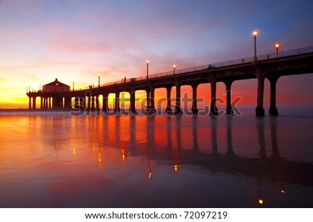 The Manhattan Beach Pier under a beautiful sunset - Los Angeles, California.