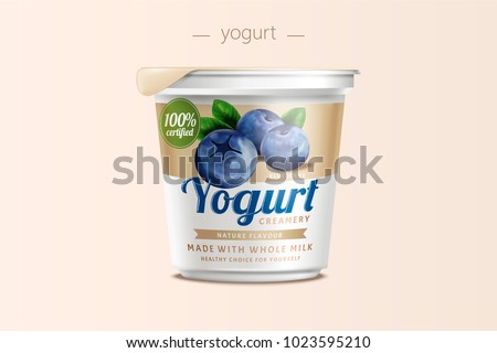Blueberry yogurt package design, food container in 3d illustration