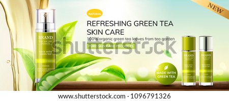 Refreshing green tea skin care products with leaves and liquid pouring down from top on bokeh outdoor background.
