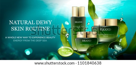 Natural algae skin care product under the sea with cream jar and bubbles in 3d illustration