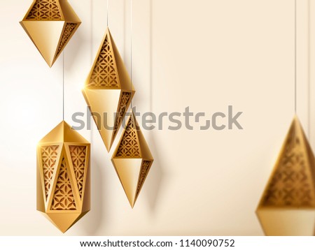 Islamic festival design with golden carved lanterns with copy space in 3d illustration