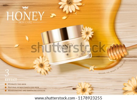 Honey cream jar ads with golden color syrup and dipper on wooden table in 3d illustration, flat lay