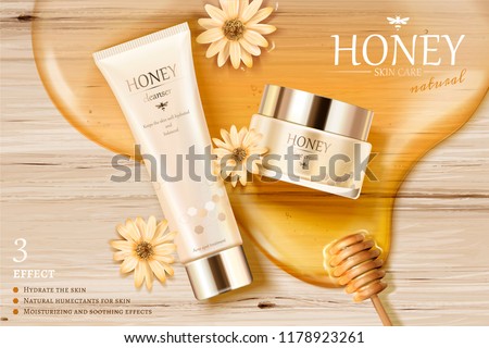 Honey skin care ads with golden color syrup and dipper on wooden table in 3d illustration, flat lay