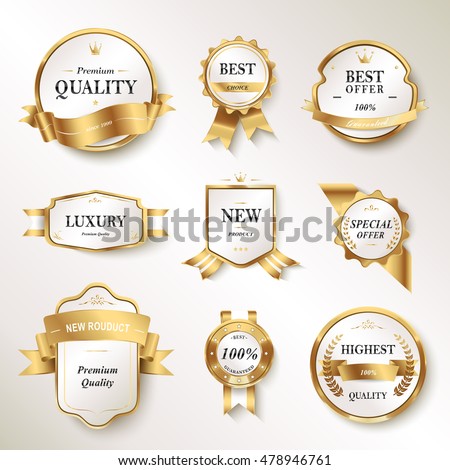 Elegant pearl white labels set, glossy labels with golden frame over beige background