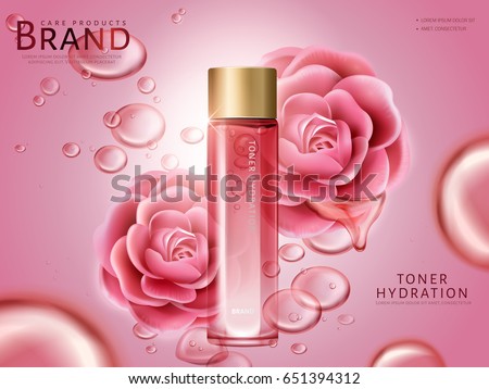 camellia hydrating toner contained in a bottle, with pink camellia flowers, pink background 3d illustration