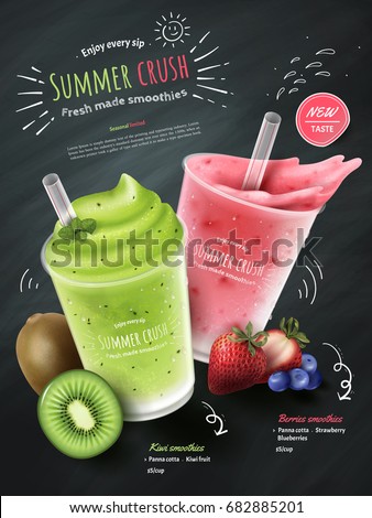 Fruit smoothies ads, kiwi and berries smoothie cup with fresh fruit isolated on chalk board background in 3d illustration