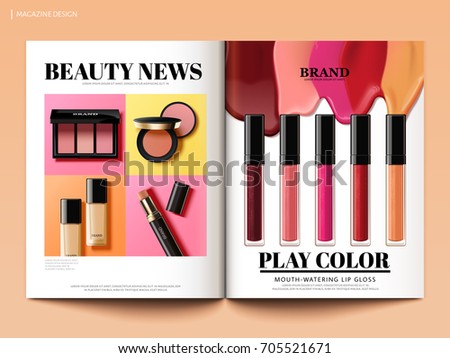 Beauty magazine design, colorful and trendy make up product news in 3d illustration, magazine or catalog brochure template for design uses