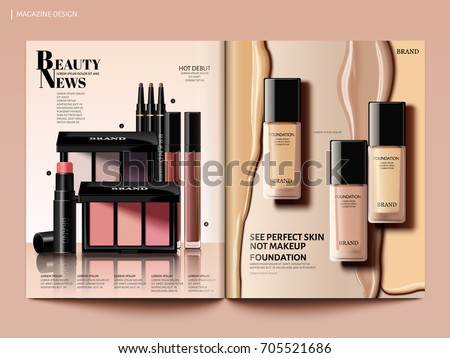 Beauty magazine design, foundation with creamy liquid and eyeshadow set in 3d illustration, magazine or catalog brochure template for design uses