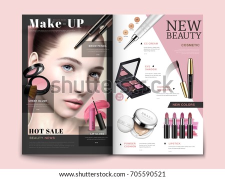 Cosmetic magazine template, trendy cosmetic products with model portrait in 3d illustration, magazine or catalog brochure for design uses