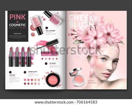 Romantic cosmetic magazine template, pink series make up products with floral decorated model portrait in 3d illustration, magazine or catalog brochure for design uses
