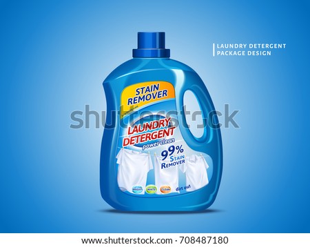 Laundry detergent package design, blue container bottle with label in 3d illustration isolated on blue background