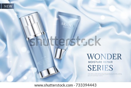 Moisture repair series ads, light blue cosmetic skincare products with silky fabric and glittering elements in 3d illustration, top view