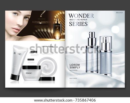Cosmetic magazine design, attractive model with skincare sets on silky satin background in 3d illustration