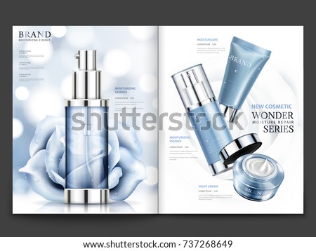 Cosmetic magazine design, blue tone products with roses with condensation isolated on bokeh background in 3d illustration