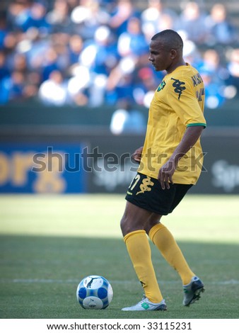 CARSON, CA. - JULY 3: Concacaf Gold Cup soccer match, Canada vs. Jamaica at the Home Depot center in Carson. Rodolph Austin looking to pass the ball on July 3, 2009.