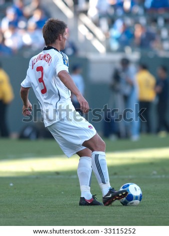 CARSON, CA. - JULY 3: Concacaf Gold Cup soccer match, Canada vs. Jamaica at the Home Depot center in Carson. Michael Klukowski sets up to pass the ball on July 3, 2009.