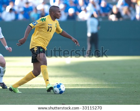 CARSON, CA. - JULY 3: Concacaf Gold Cup soccer match, Canada vs. Jamaica at the Home Depot center in Carson. Rodolph Austin dribbles the ball on July 3, 2009.