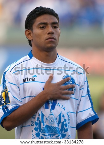 CARSON, CA. - JULY 3: Concacaf Gold Cup soccer match, Costa Rica vs. El Salvador at the Home Depot Center in Carson. Christian Castillo pregame during the national anthem. July 3, 2009.