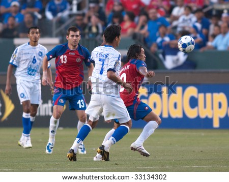 CARSON, CA. - JULY 3: Concacaf Gold Cup soccer match, Costa Rica vs. El Salvador at the Home Depot Center in Carson. Ramon Sanchez and Walter Centeno fight for the ball. July 3, 2009.
